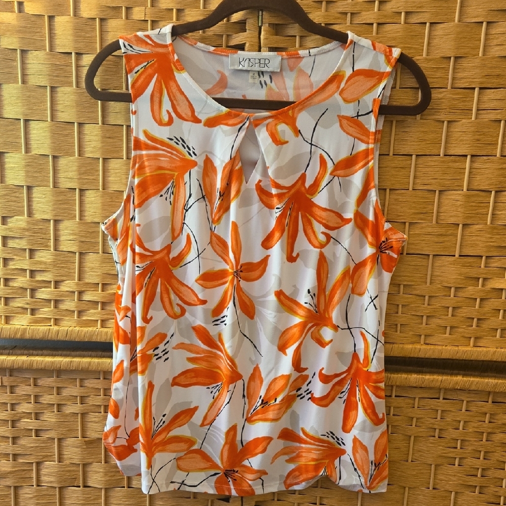 Kasper White Sleeveless Blouse with Orange Floral Print